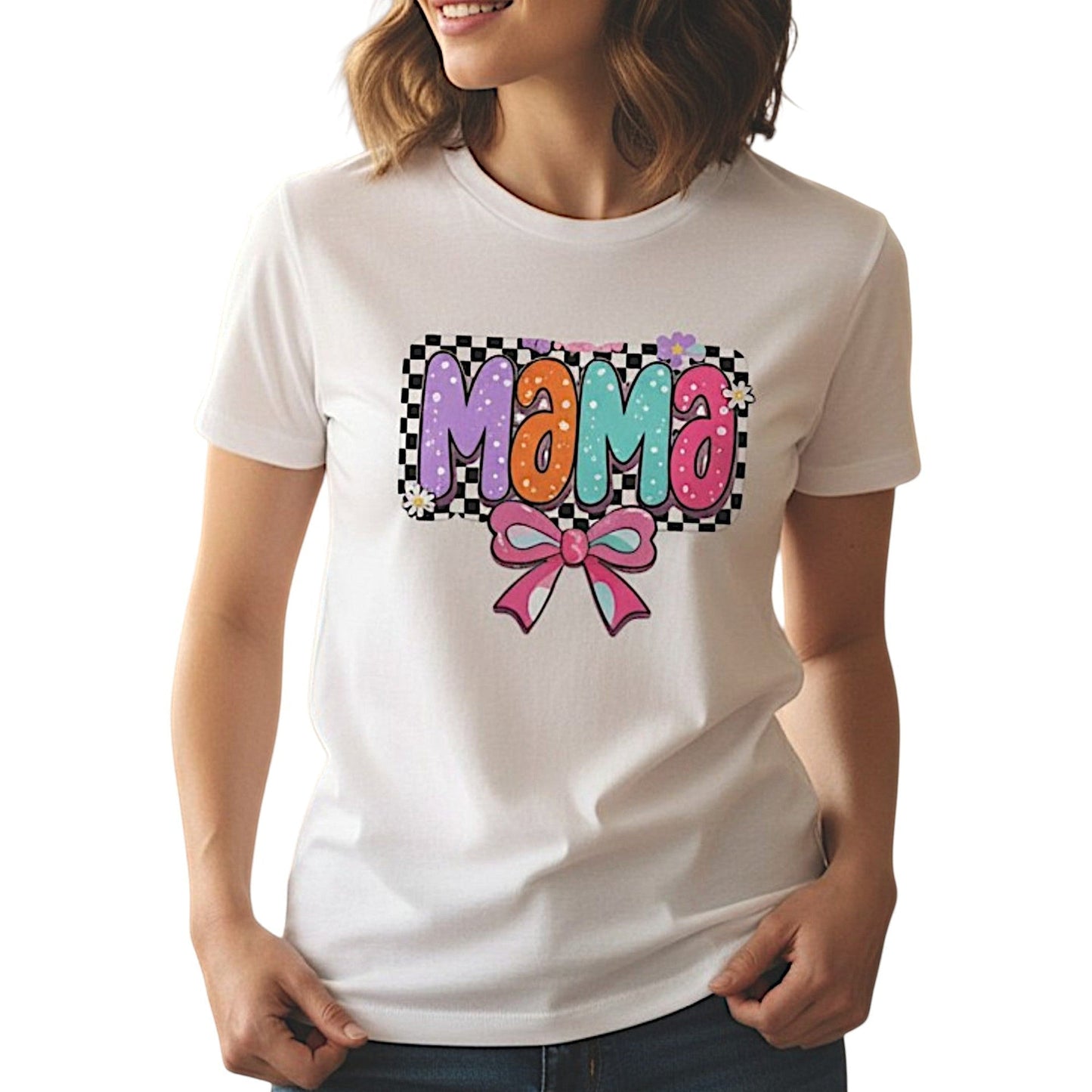 Mama T-Shirt Checkerboard Bow Graphic Tee 100% Cotton Casual Top