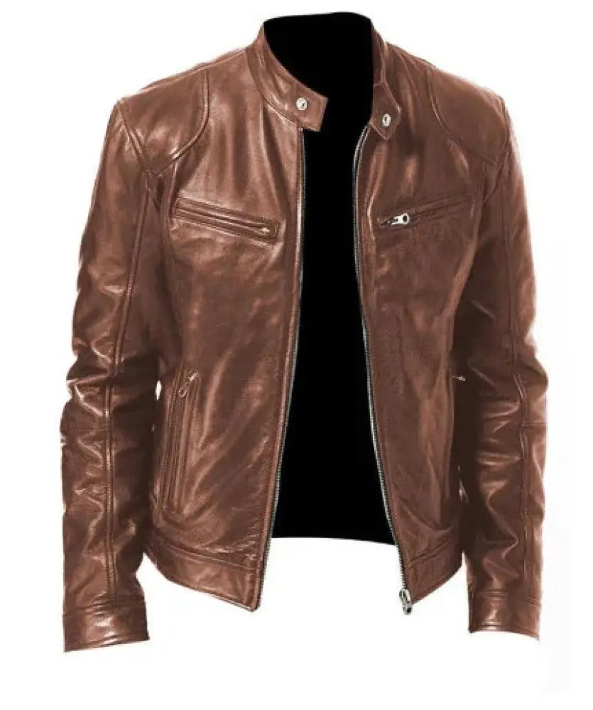 Men's Slim Fit Stand Collar Faux Leather Biker Jacket