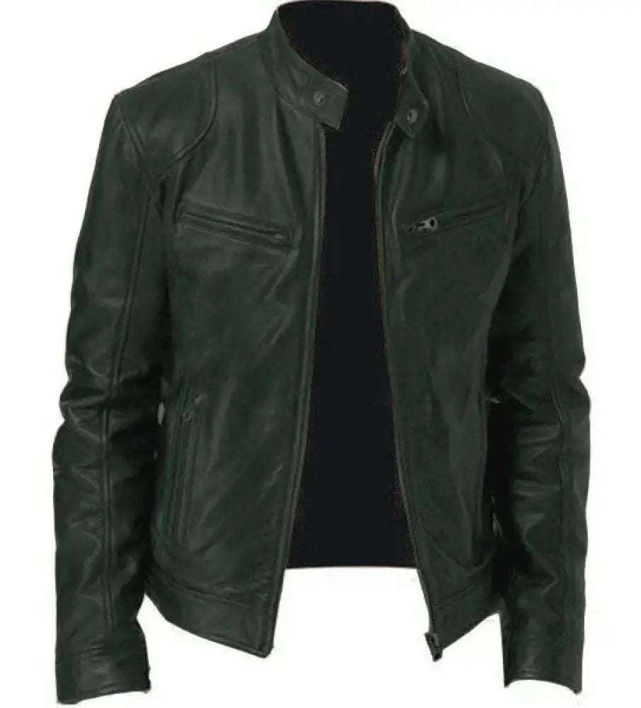 Men's Slim Fit Stand Collar Faux Leather Biker Jacket