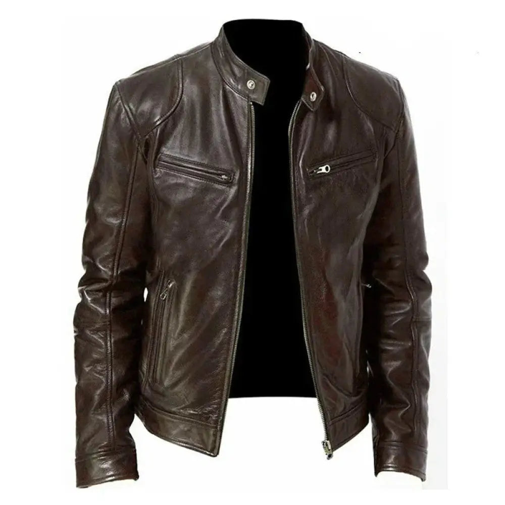 Men's Slim Fit Stand Collar Faux Leather Biker Jacket