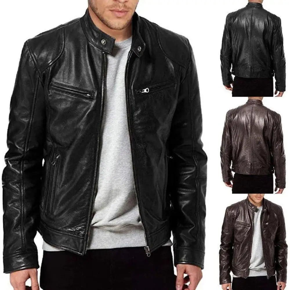 Men's Slim Fit Stand Collar Faux Leather Biker Jacket