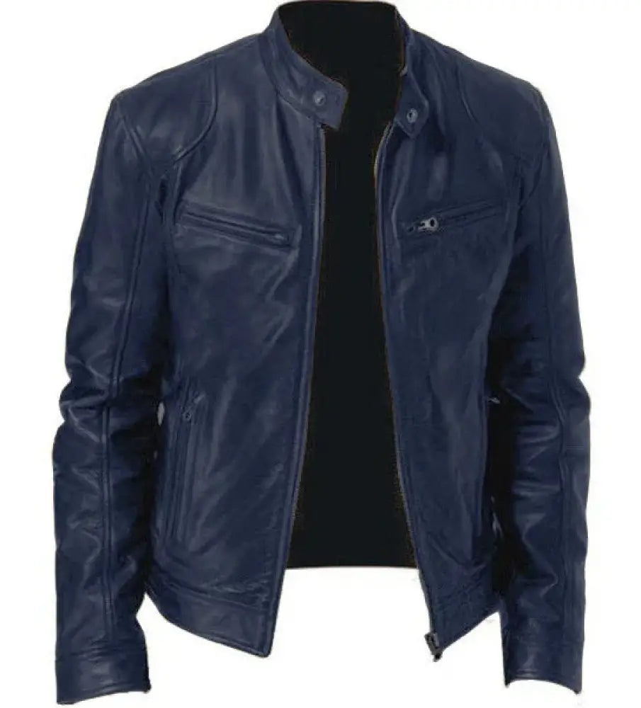 Men's Slim Fit Stand Collar Faux Leather Biker Jacket