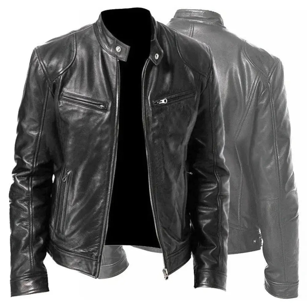 Men's Slim Fit Stand Collar Faux Leather Biker Jacket