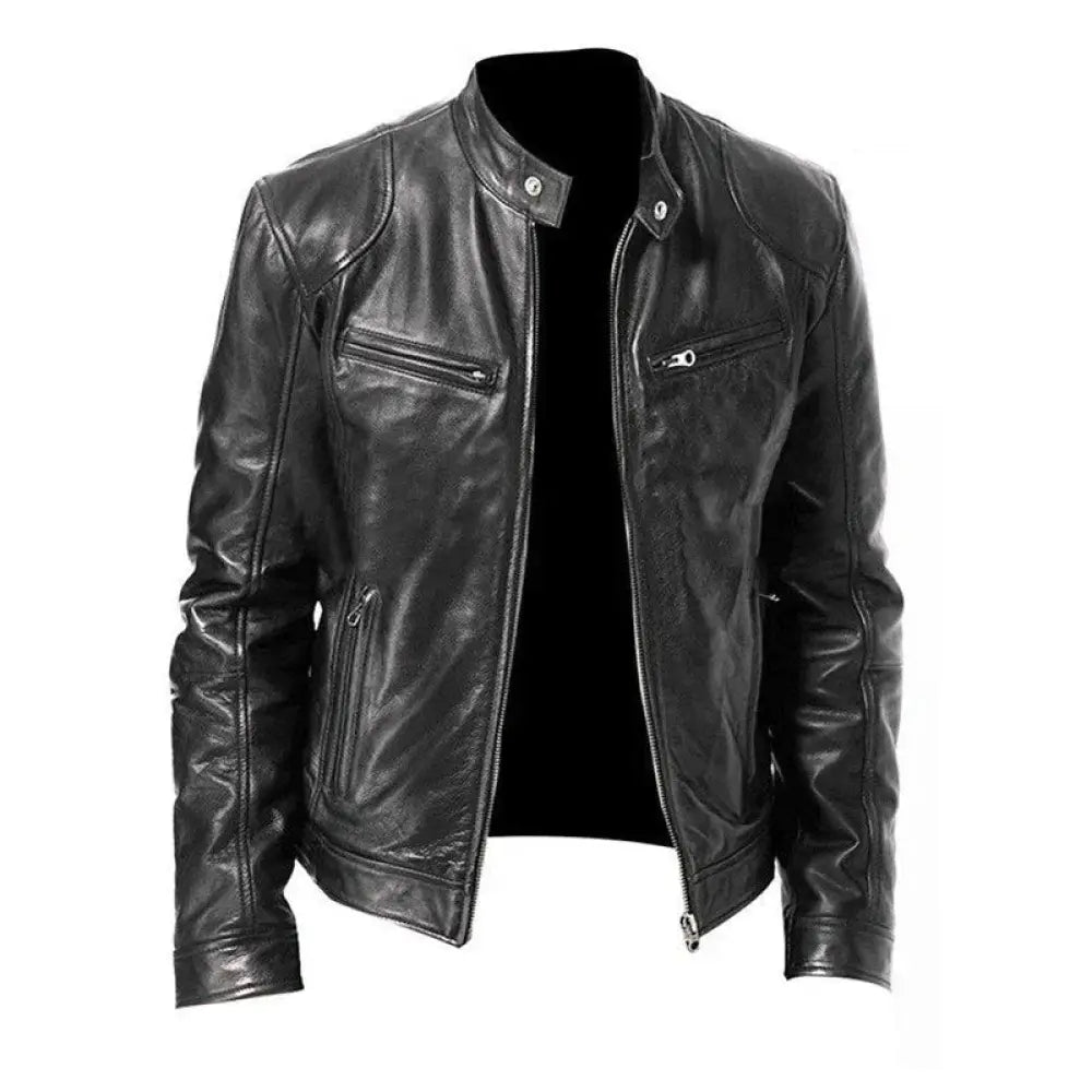 Men's Slim Fit Stand Collar Faux Leather Biker Jacket