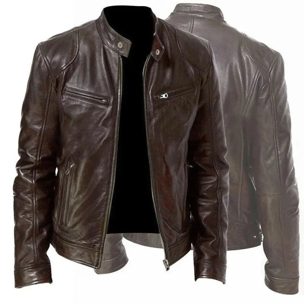 Men's Slim Fit Stand Collar Faux Leather Biker Jacket