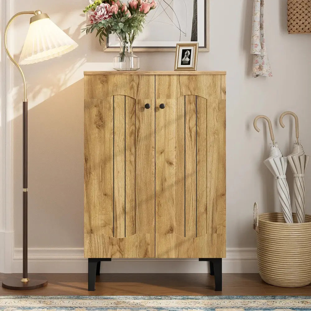 Modern Light Brown Double Door Shoe Cabinet with Metal Legs