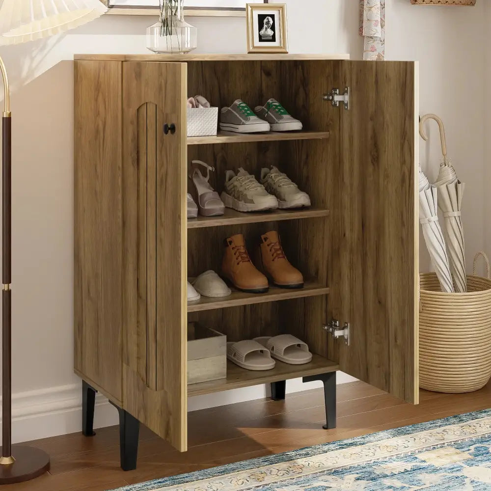 Modern Light Brown Double Door Shoe Cabinet with Metal Legs