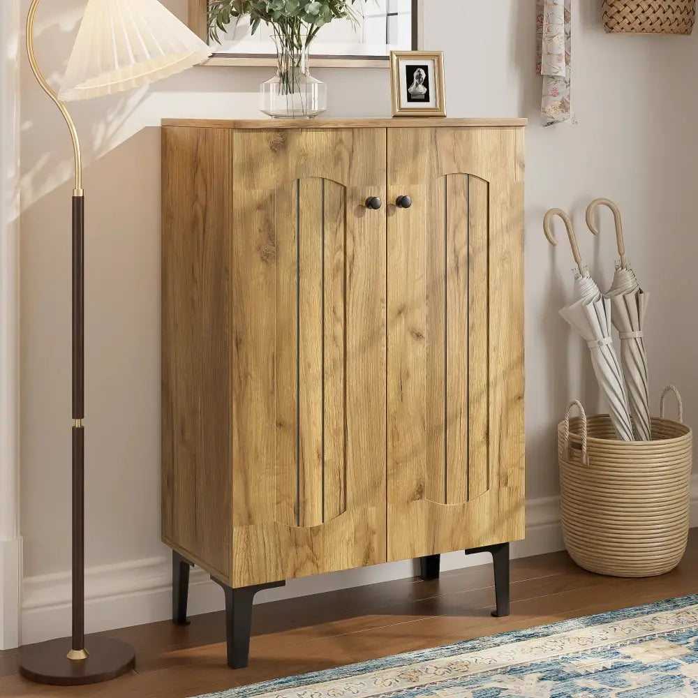 Modern Light Brown Double Door Shoe Cabinet with Metal Legs