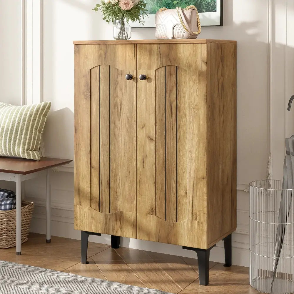 Modern Light Brown Double Door Shoe Cabinet with Metal Legs