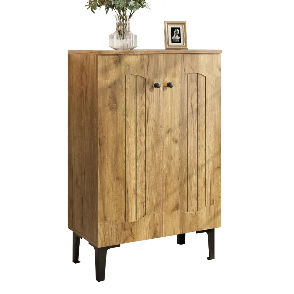 Modern Light Brown Double Door Shoe Cabinet with Metal Legs