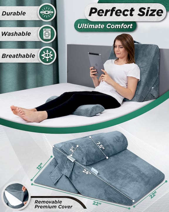 LX6 3-Piece Compact Support for Reading, Rest & Leg Elevation, Wedge Pillow Set, Stone Navy
