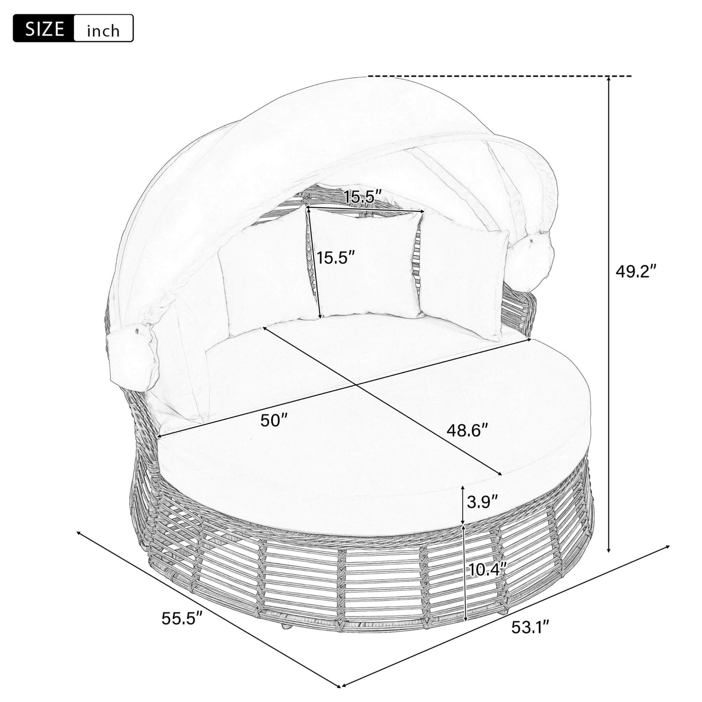 53-Inch Outdoor Patio Rattan Round Wicker Daybed With Retractable Canopy (SAK69241)