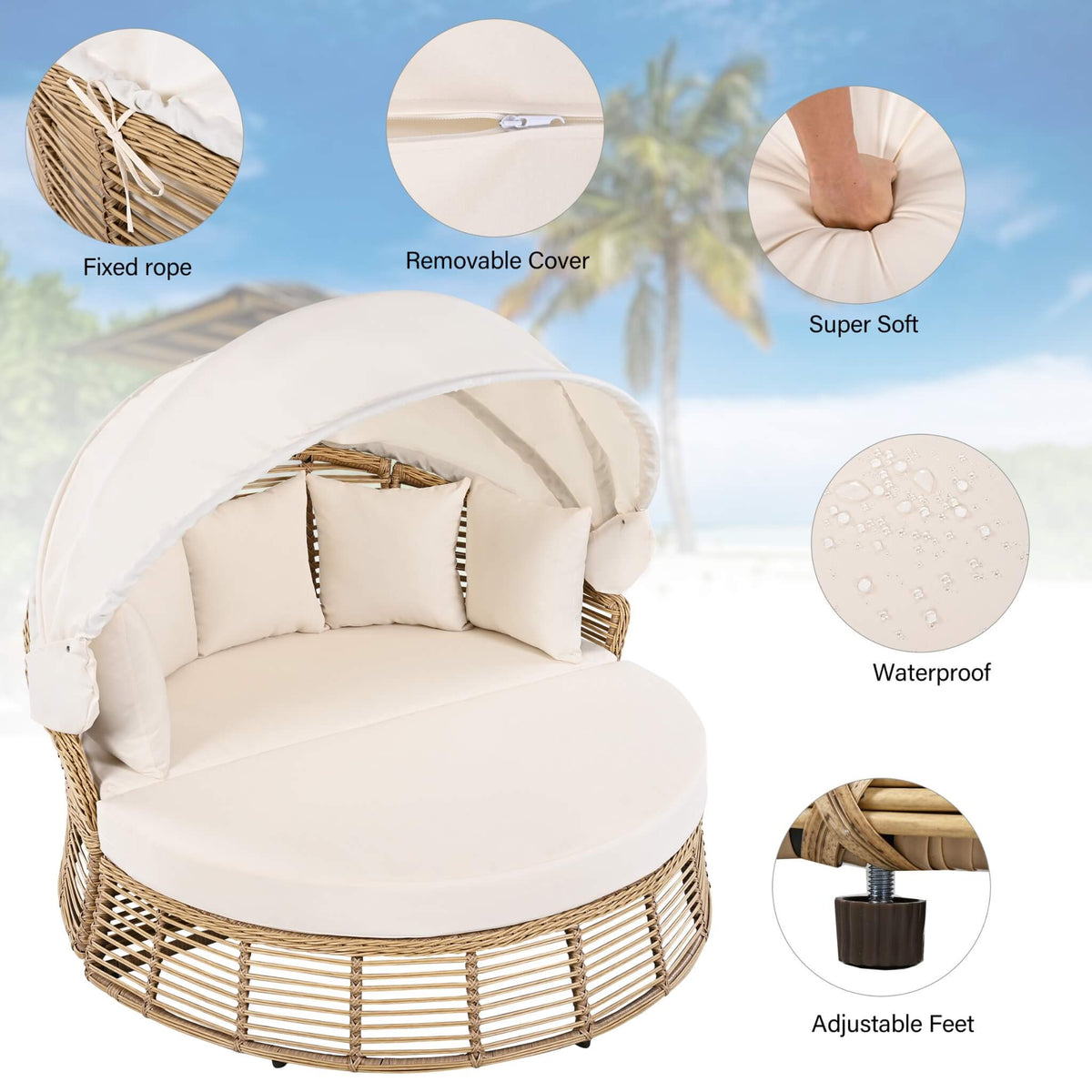 53-Inch Outdoor Patio Rattan Round Wicker Daybed With Retractable Canopy (SAK69241)