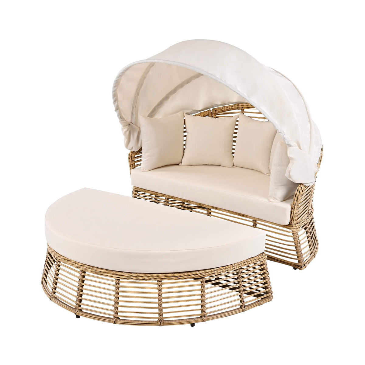 53-Inch Outdoor Patio Rattan Round Wicker Daybed With Retractable Canopy (SAK69241)