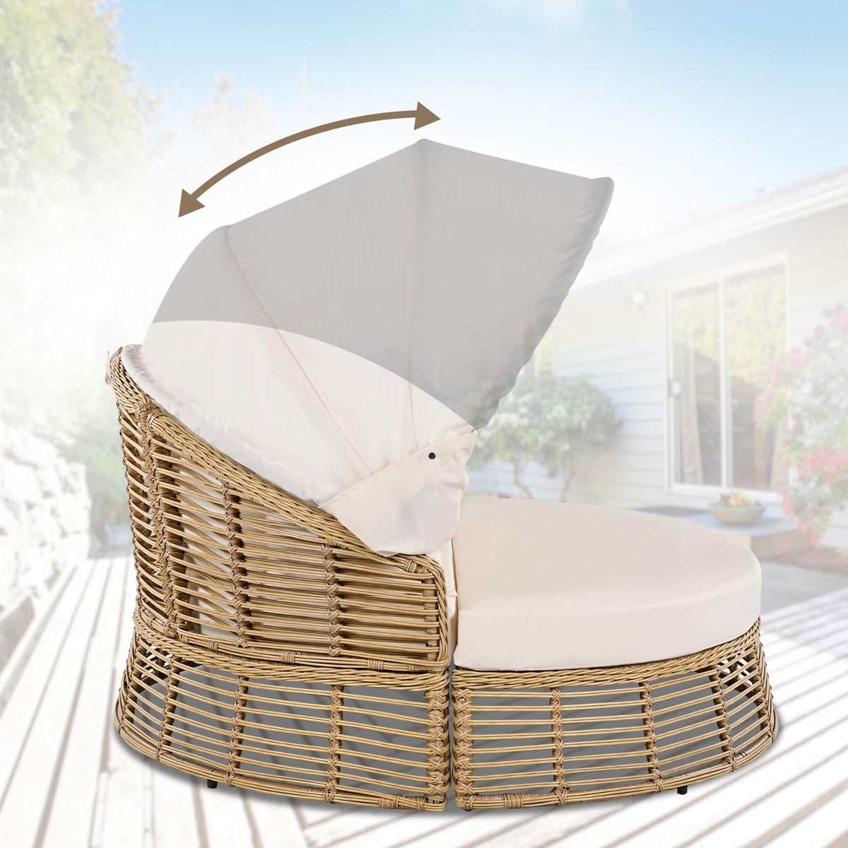 53-Inch Outdoor Patio Rattan Round Wicker Daybed With Retractable Canopy (SAK69241)