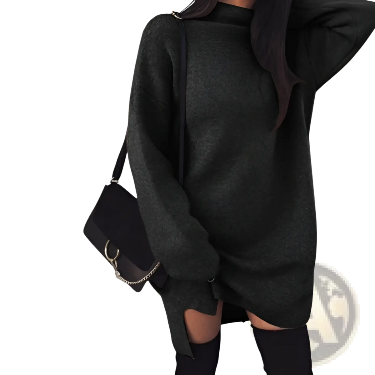 Oversized High Neck Knit Sweater Dress with Side Slits