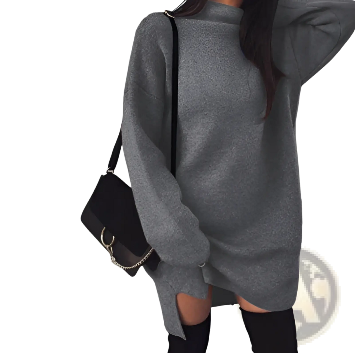 Oversized High Neck Knit Sweater Dress with Side Slits