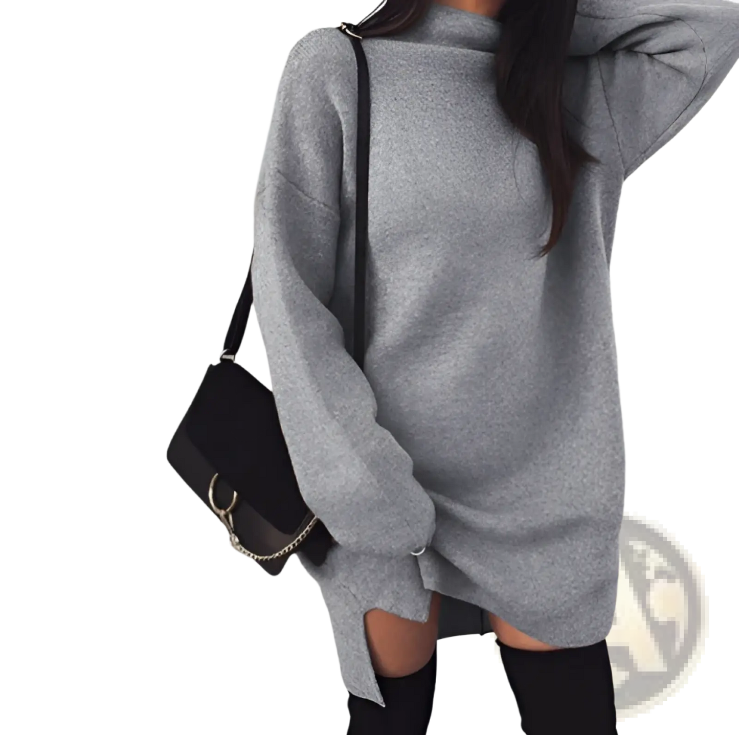 Oversized High Neck Knit Sweater Dress with Side Slits