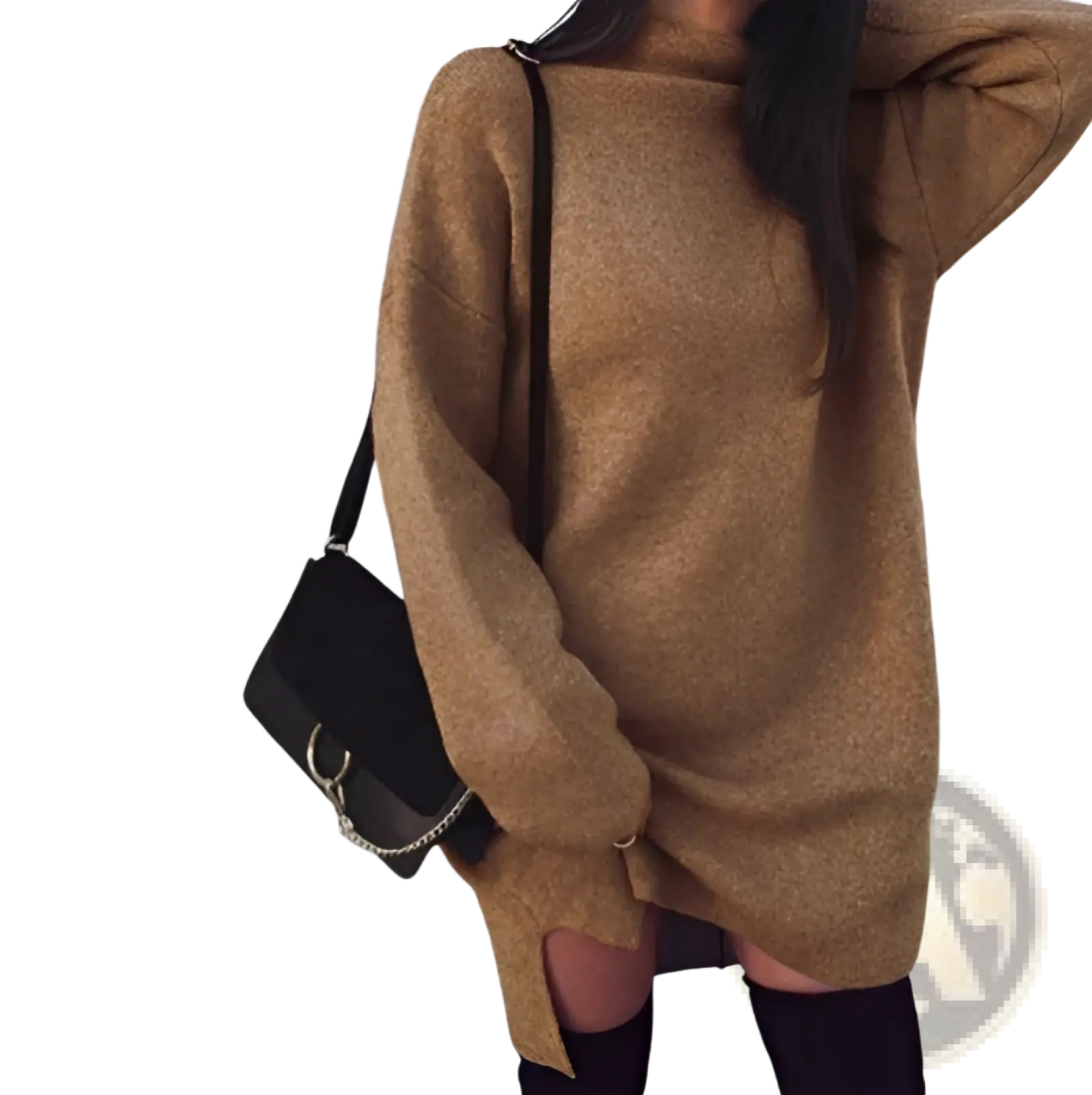 Oversized High Neck Knit Sweater Dress with Side Slits