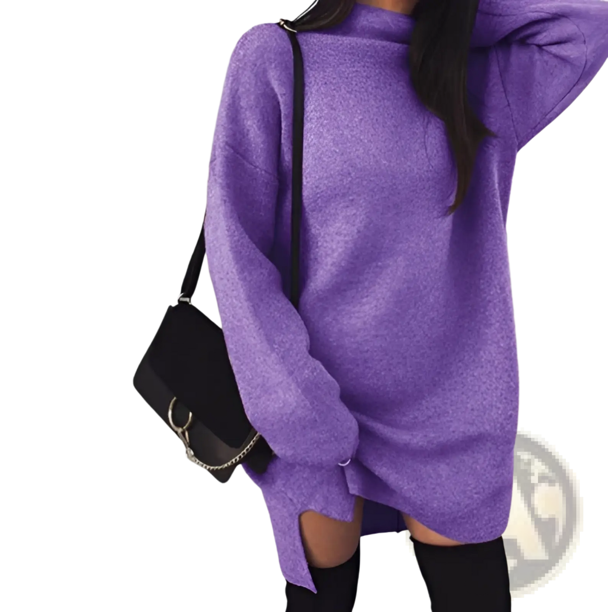 Oversized High Neck Knit Sweater Dress with Side Slits