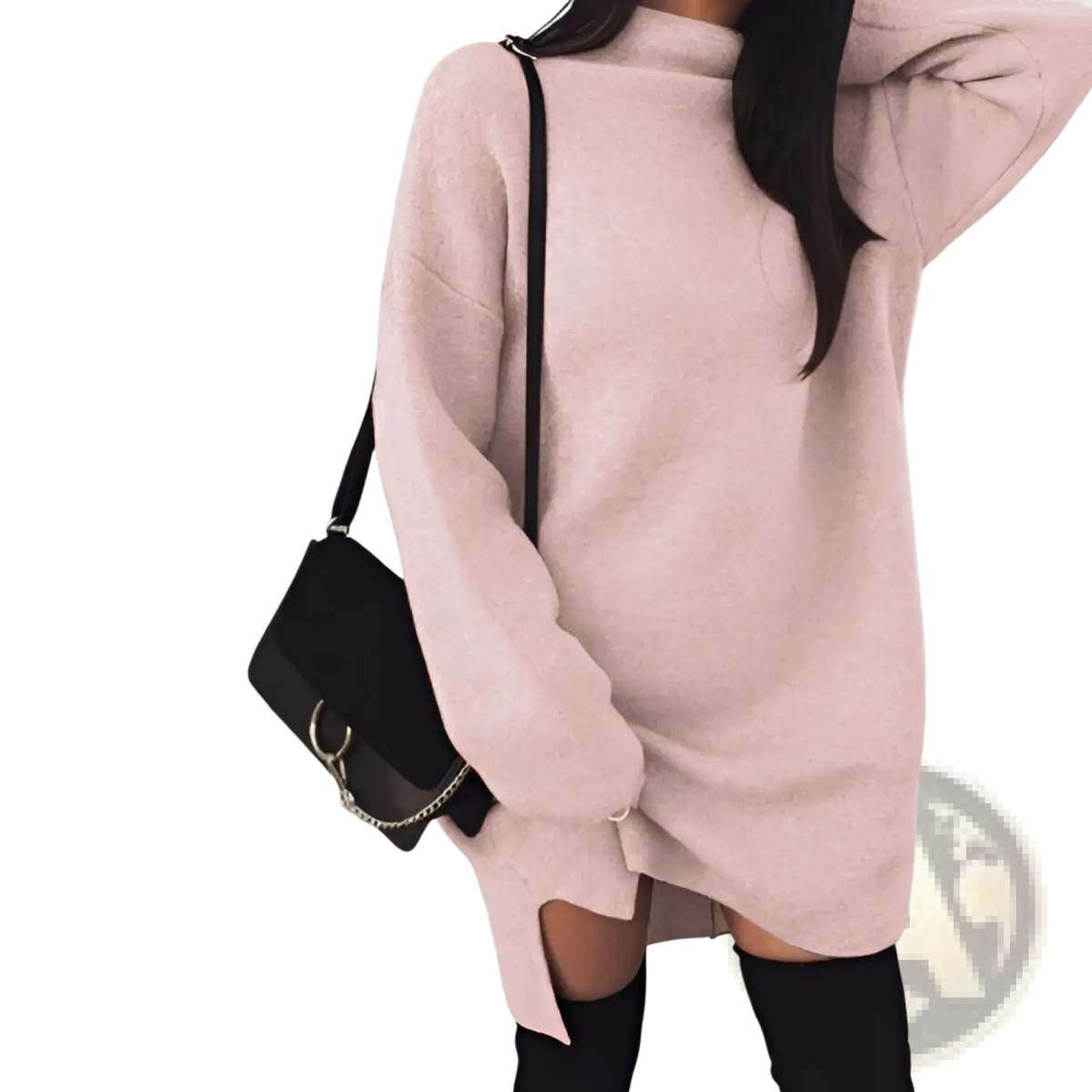 Oversized High Neck Knit Sweater Dress with Side Slits