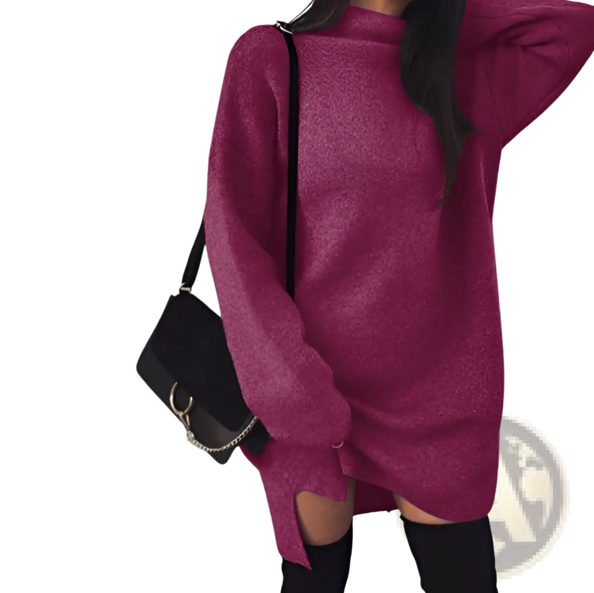 Oversized High Neck Knit Sweater Dress with Side Slits