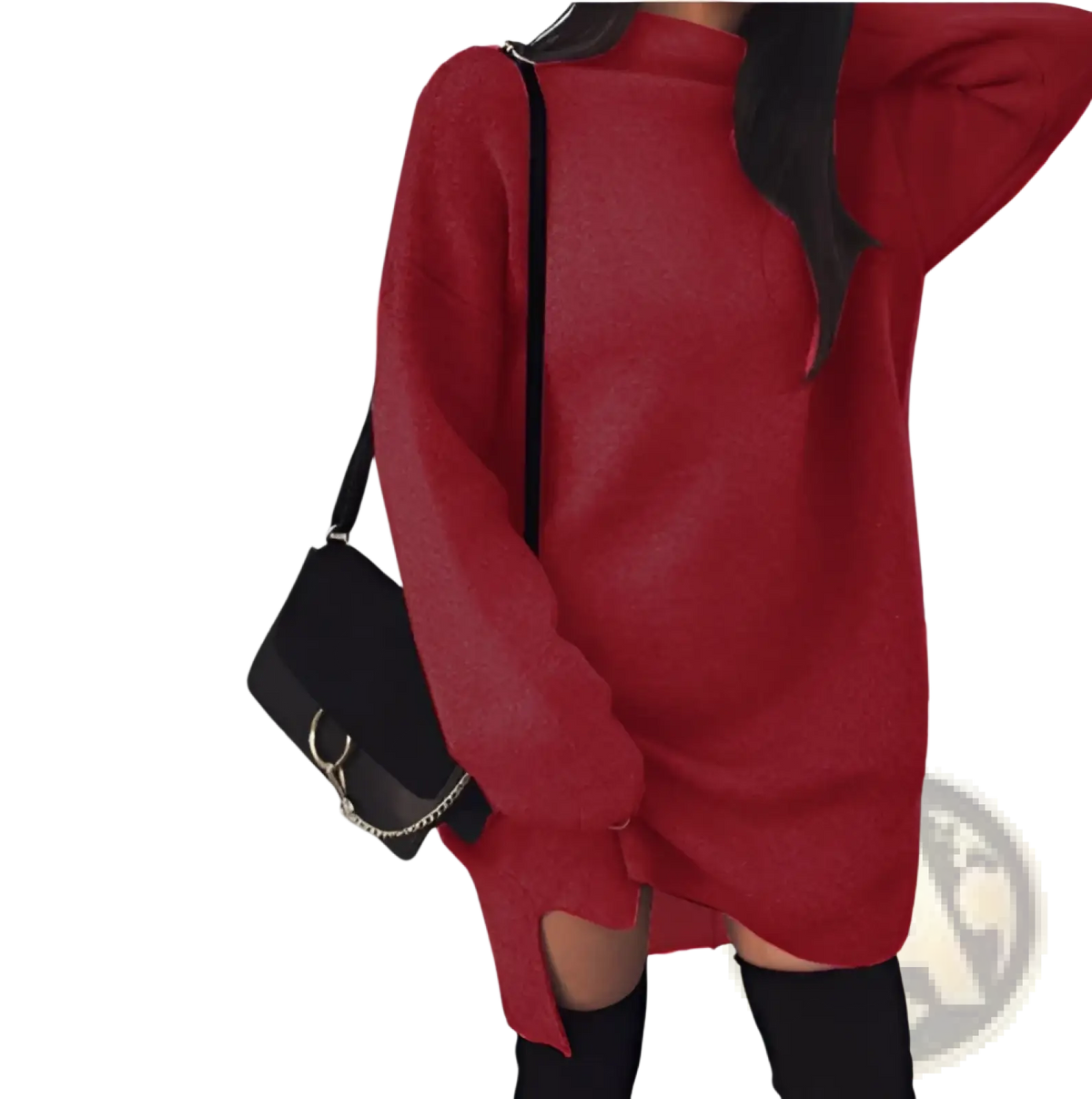 Oversized High Neck Knit Sweater Dress with Side Slits