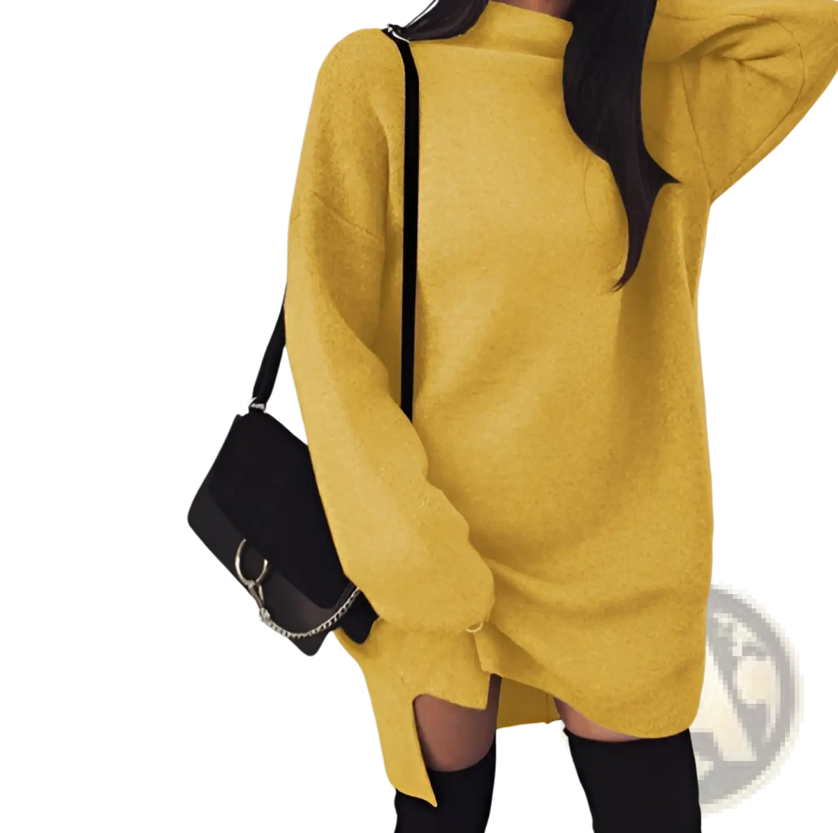 Oversized High Neck Knit Sweater Dress with Side Slits