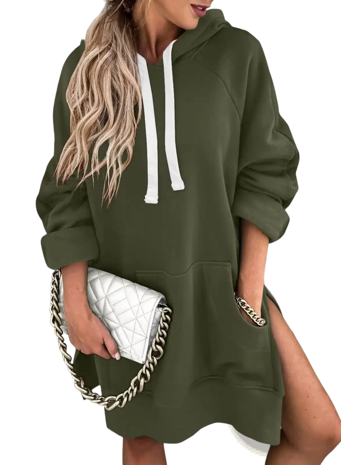 Oversized Mid Length Hooded Sweatshirt Dress with Pockets