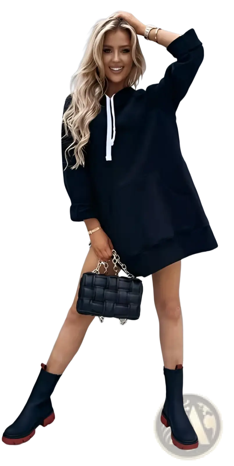 Oversized Mid Length Hooded Sweatshirt Dress with Pockets