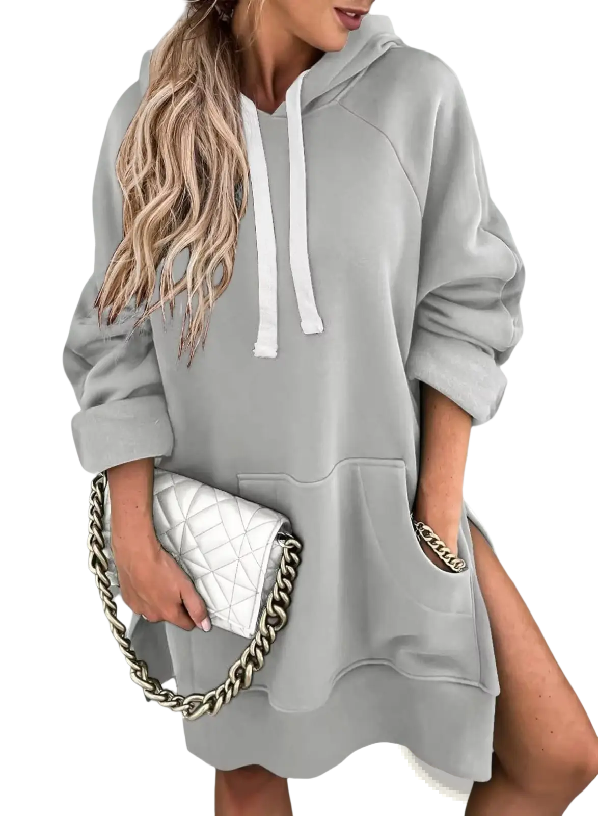 Oversized Mid Length Hooded Sweatshirt Dress with Pockets