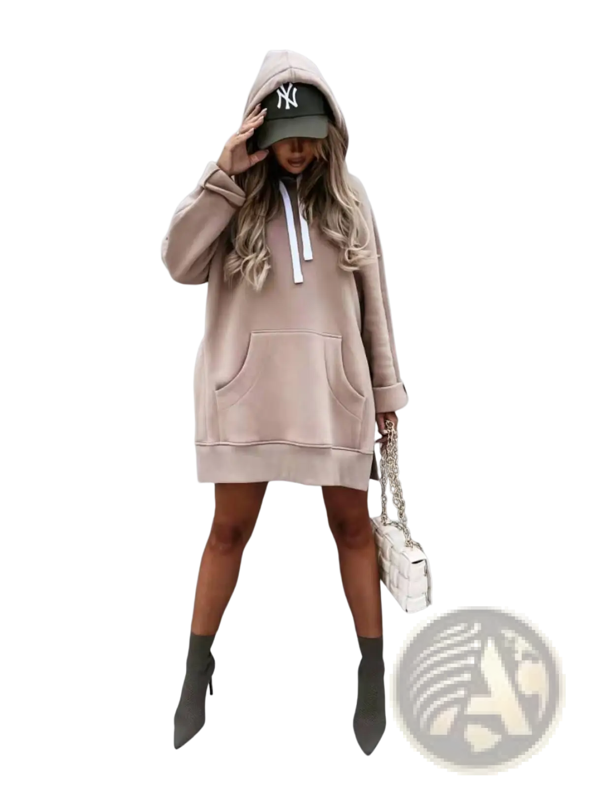 Oversized Mid Length Hooded Sweatshirt Dress with Pockets
