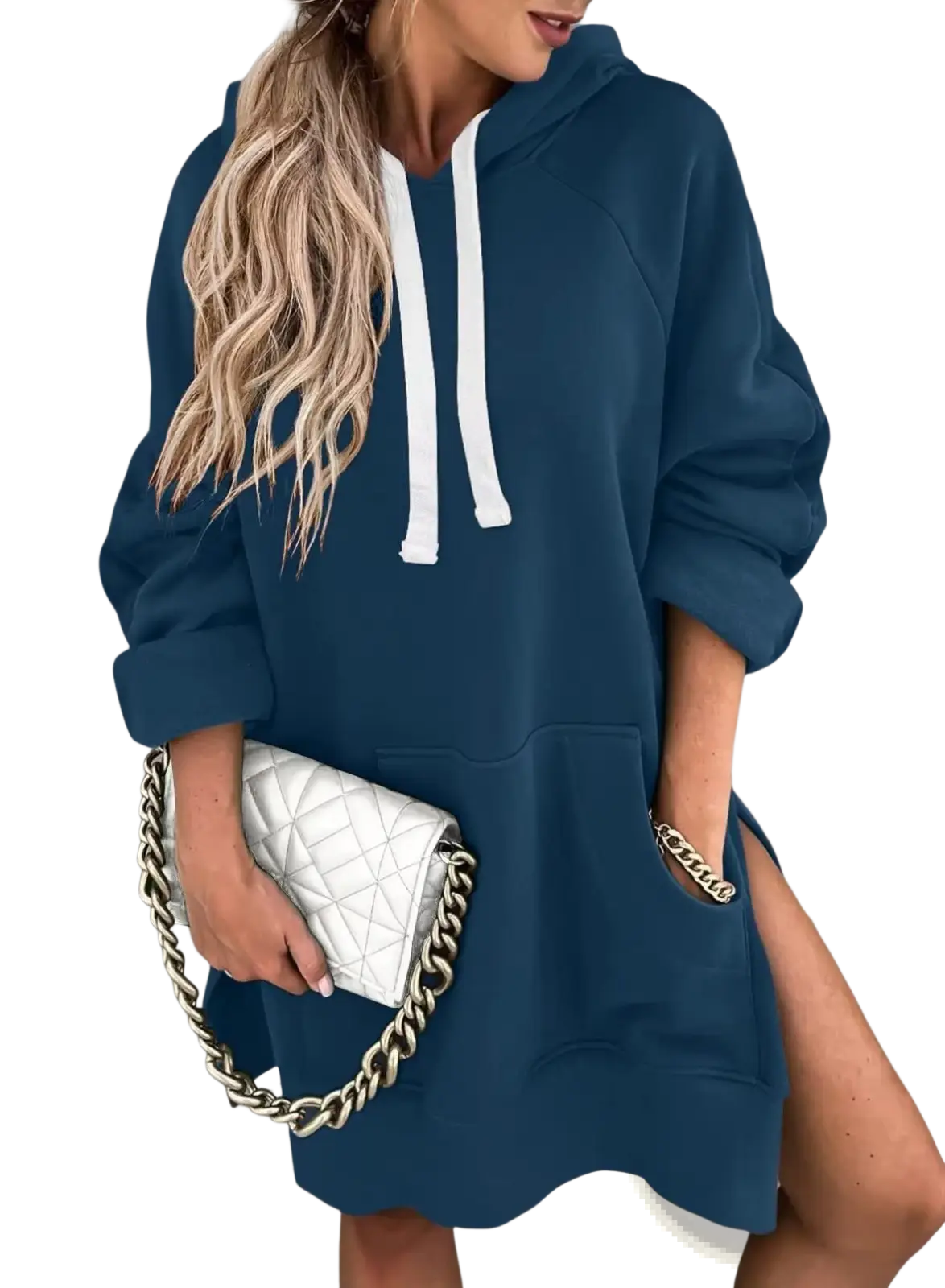 Oversized Mid Length Hooded Sweatshirt Dress with Pockets