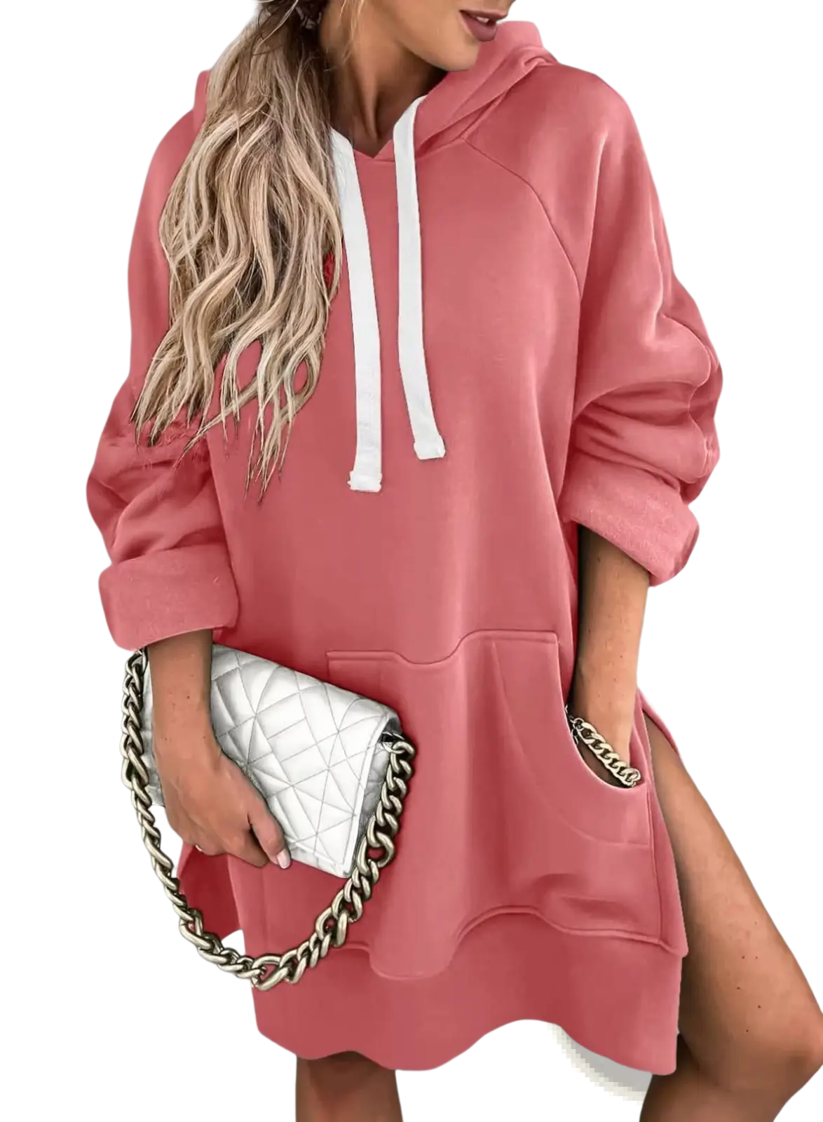 Oversized Mid Length Hooded Sweatshirt Dress with Pockets