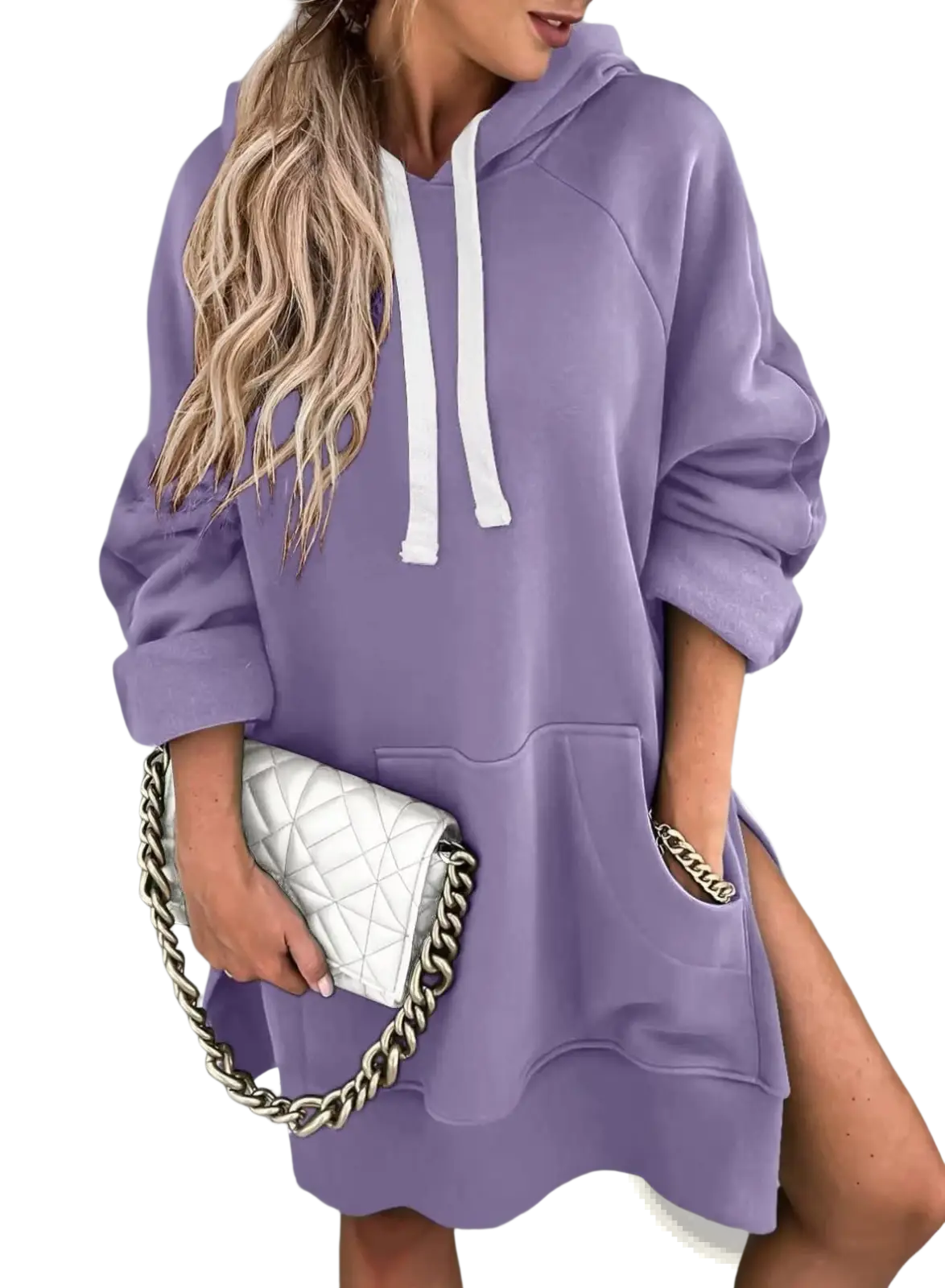 Oversized Mid Length Hooded Sweatshirt Dress with Pockets