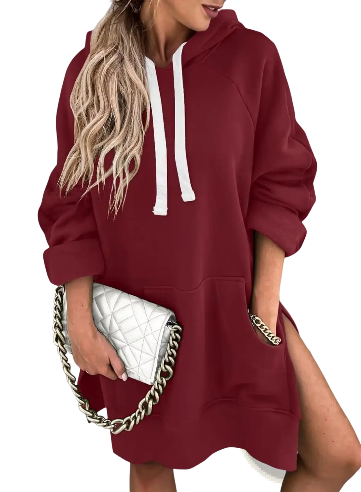 Oversized Mid Length Hooded Sweatshirt Dress with Pockets