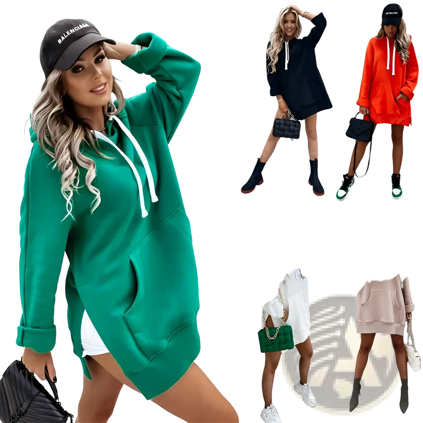 Oversized Mid Length Hooded Sweatshirt Dress with Pockets