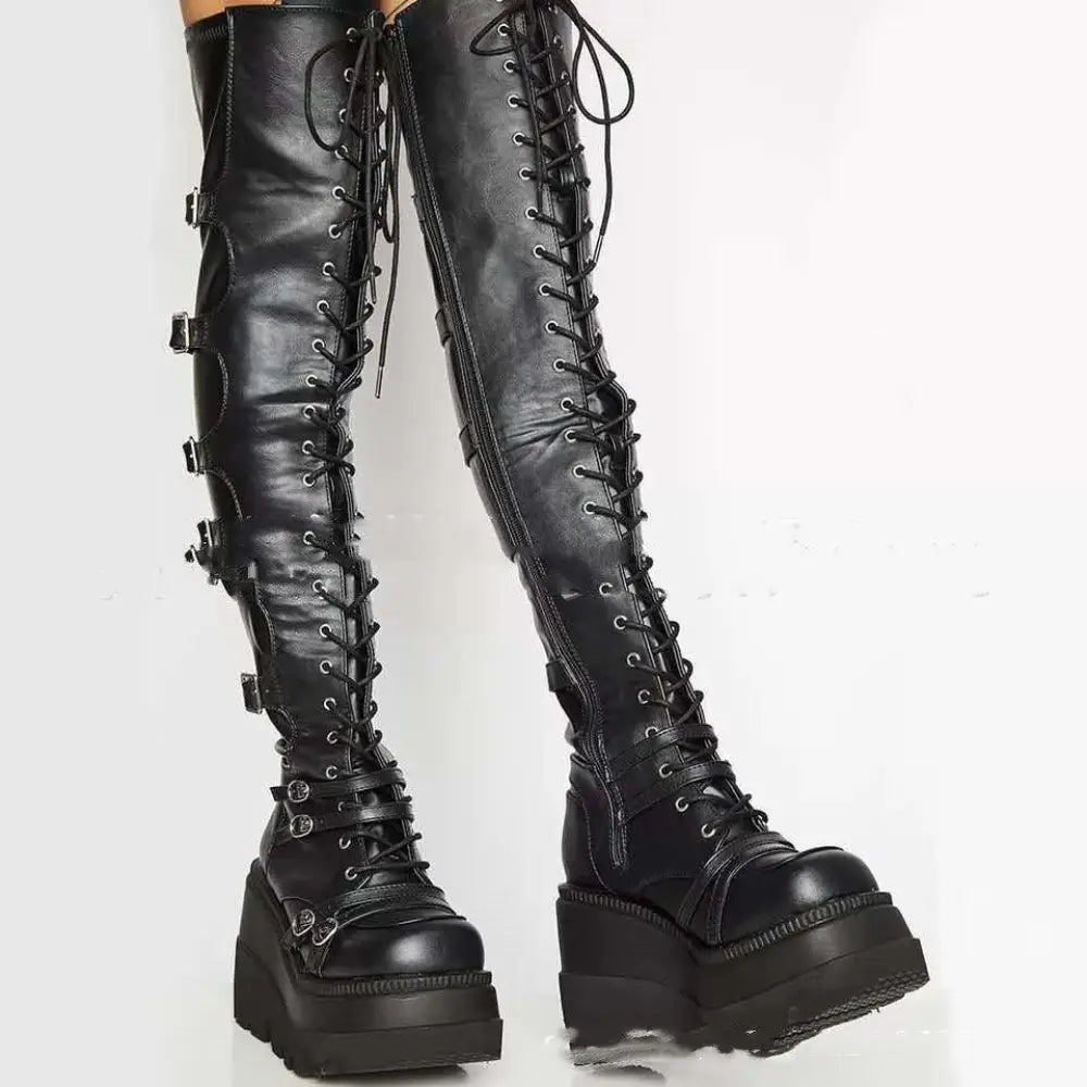 Women's Lace Up Leather Thigh High Platform Boots