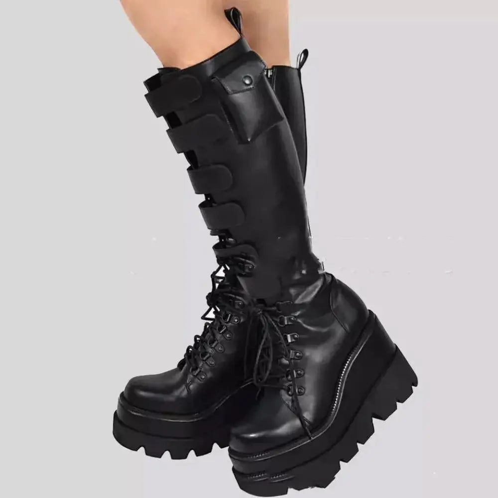 Women's Lace Up Leather Thigh High Platform Boots