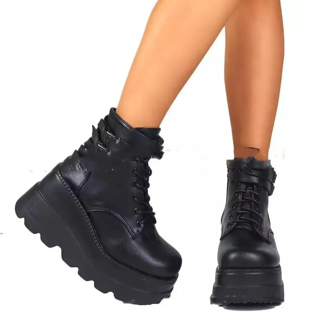 Women's Lace Up Leather Thigh High Platform Boots