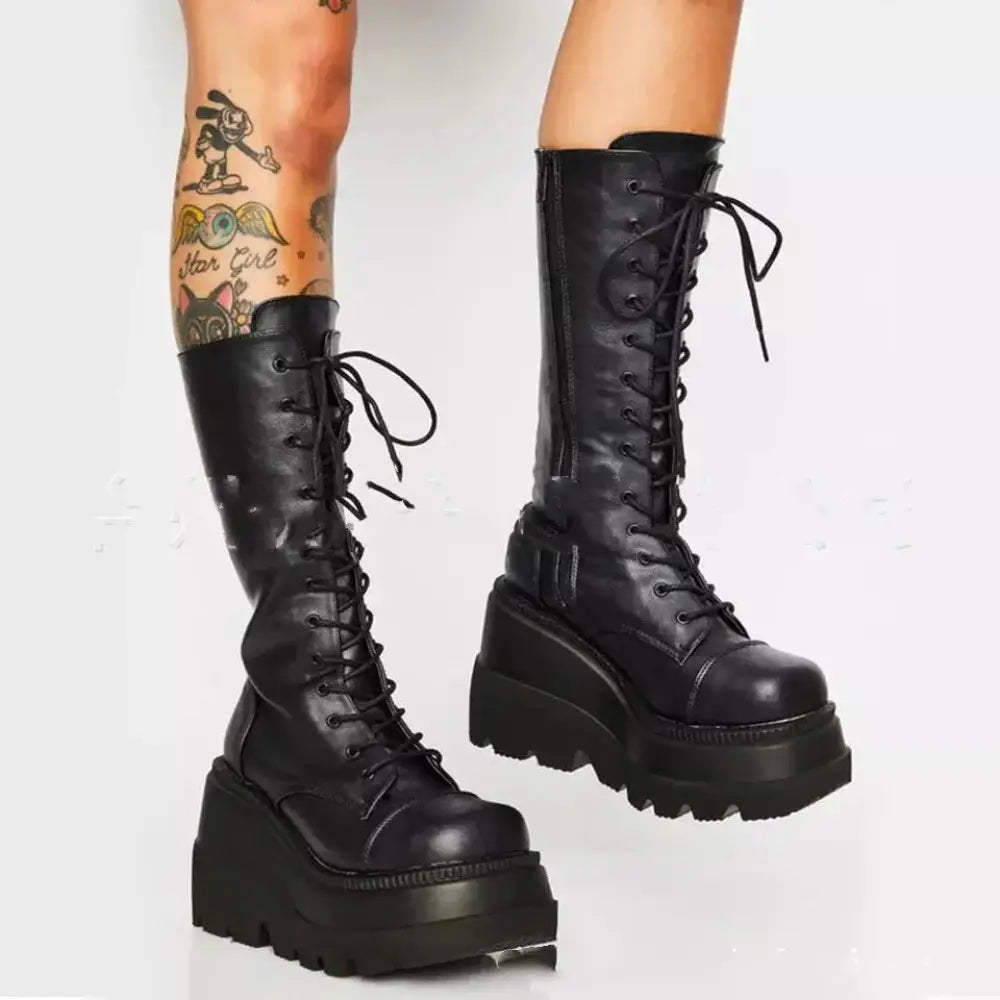 Women's Lace Up Leather Thigh High Platform Boots