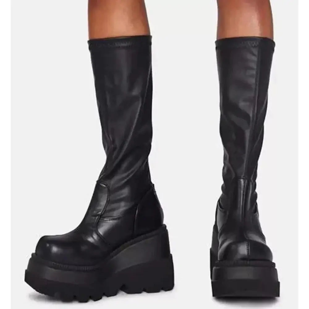 Women's Lace Up Leather Thigh High Platform Boots