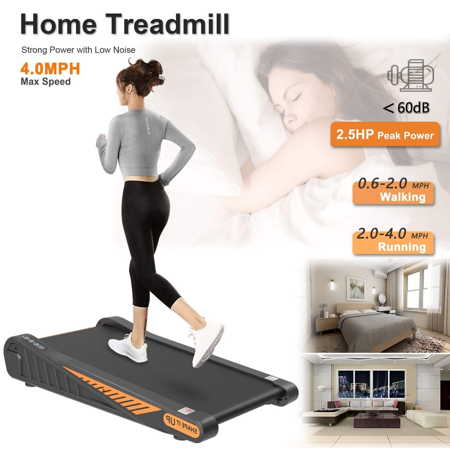 Portable Compact 2HP Under Desk Treadmill With Safety Key And Wheels for Home And Office Workouts (SAK72810)