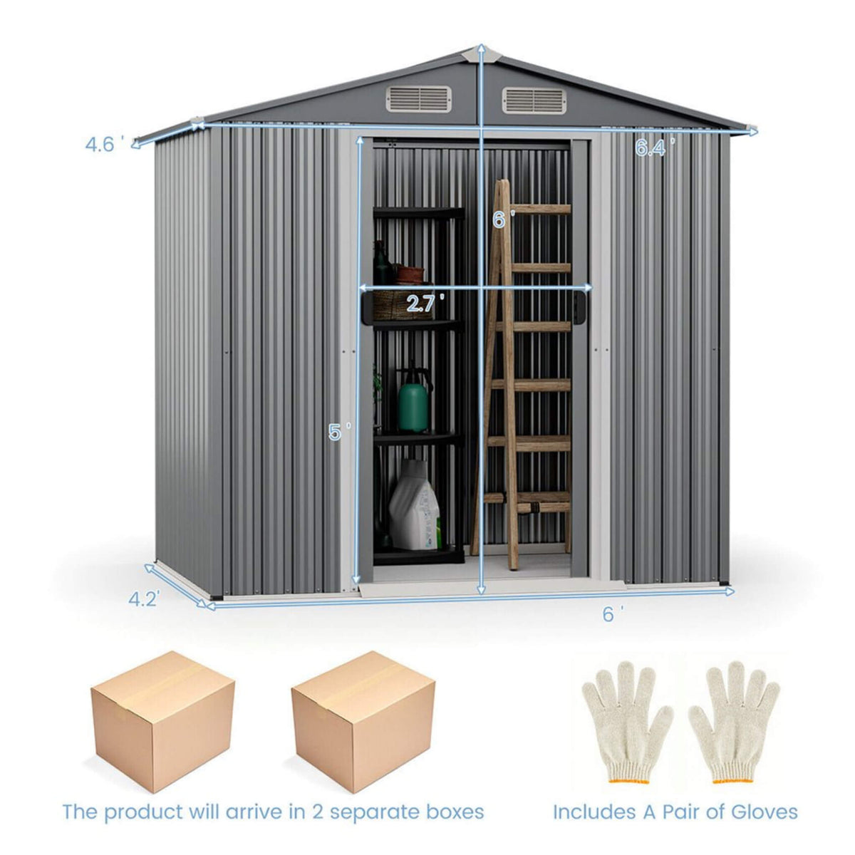 [04X06FT] Premium Garden Galvanized Steel Storage Shed W/ Lockable Sliding Doors (SAK75842)