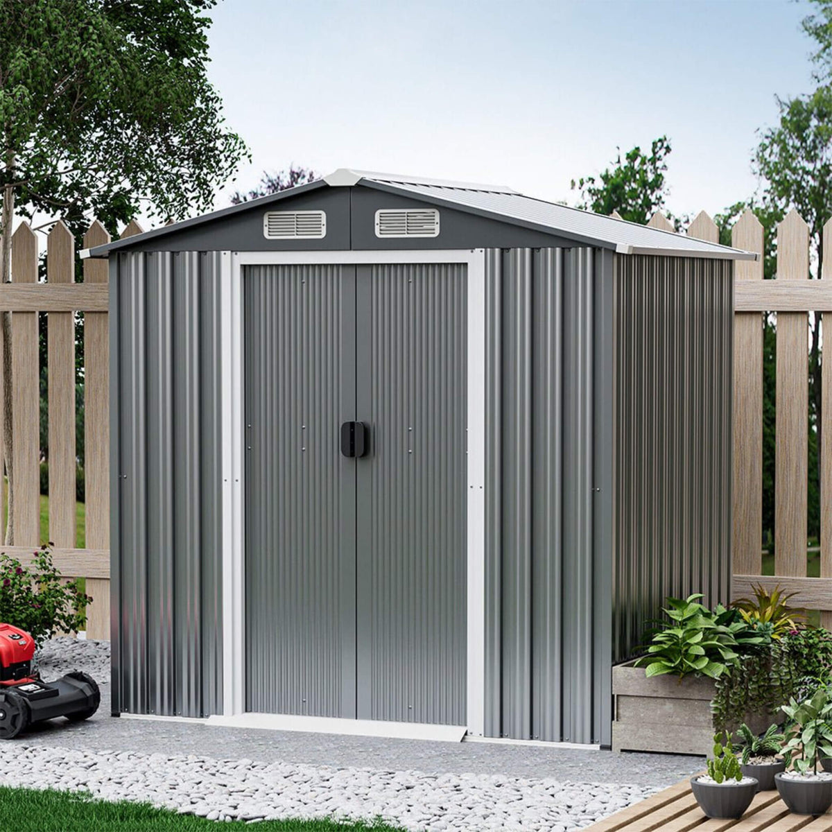 [04X06FT] Premium Garden Galvanized Steel Storage Shed W/ Lockable Sliding Doors (SAK75842)