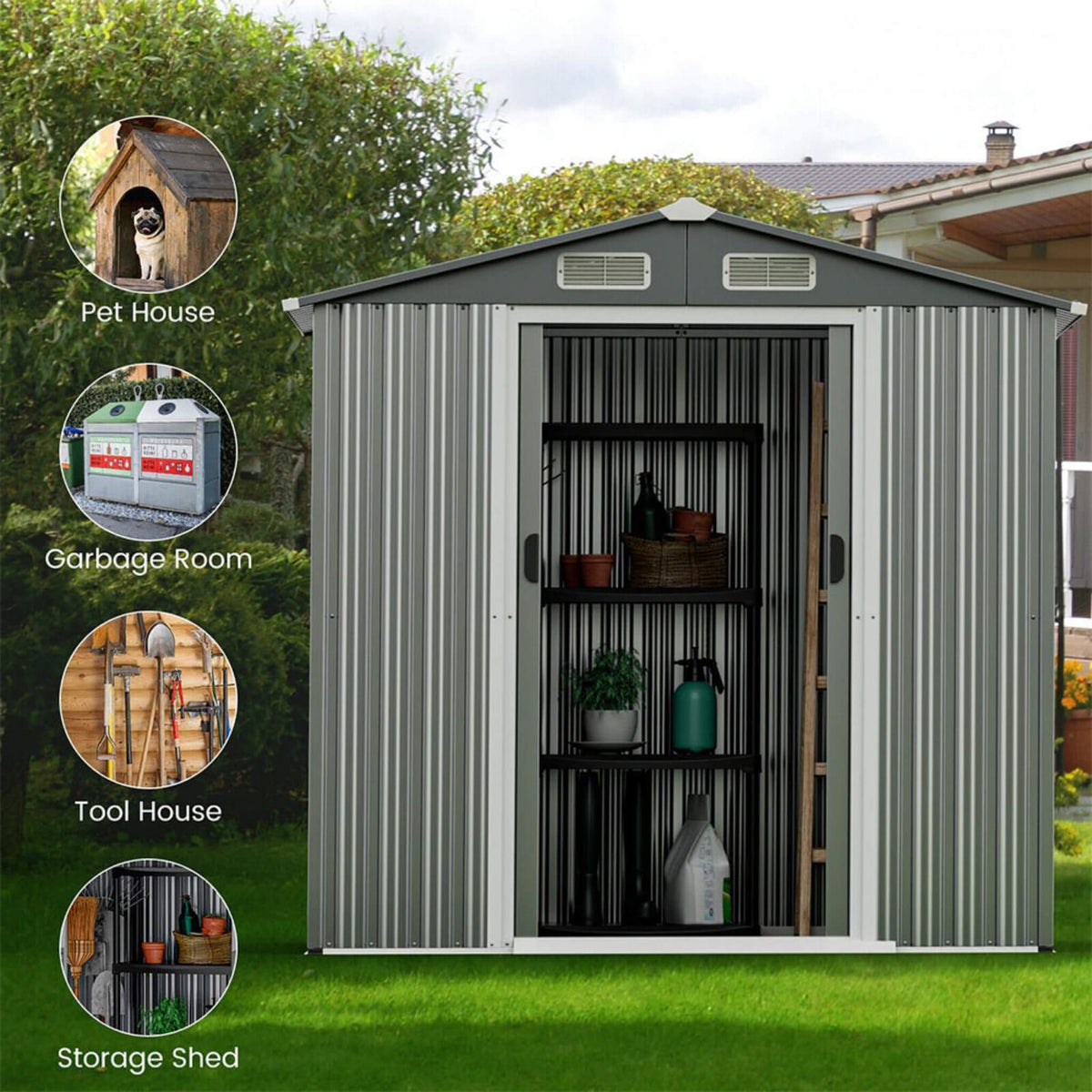 [04X06FT] Premium Garden Galvanized Steel Storage Shed W/ Lockable Sliding Doors (SAK75842)