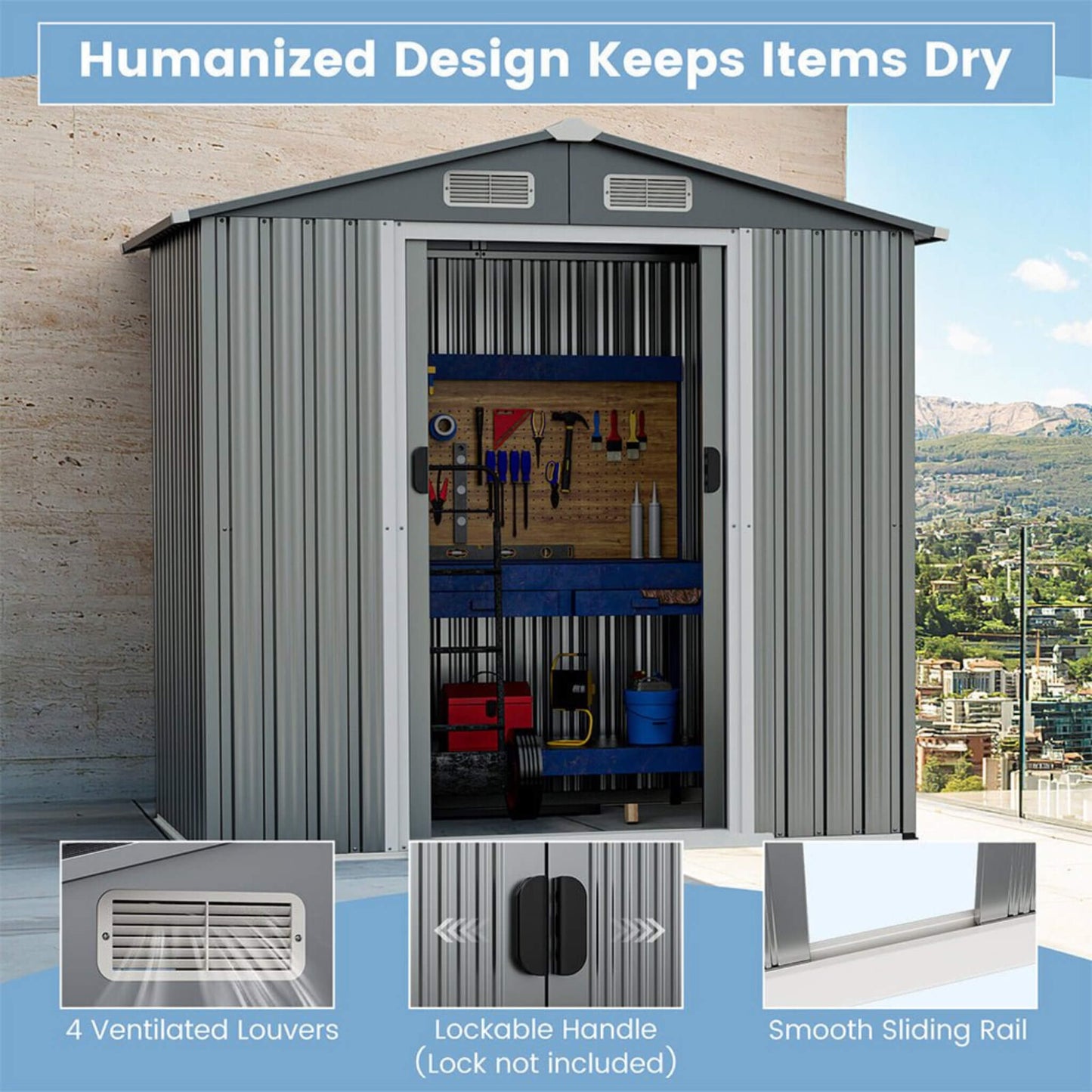 [04X06FT] Premium Garden Galvanized Steel Storage Shed W/ Lockable Sliding Doors (SAK75842)