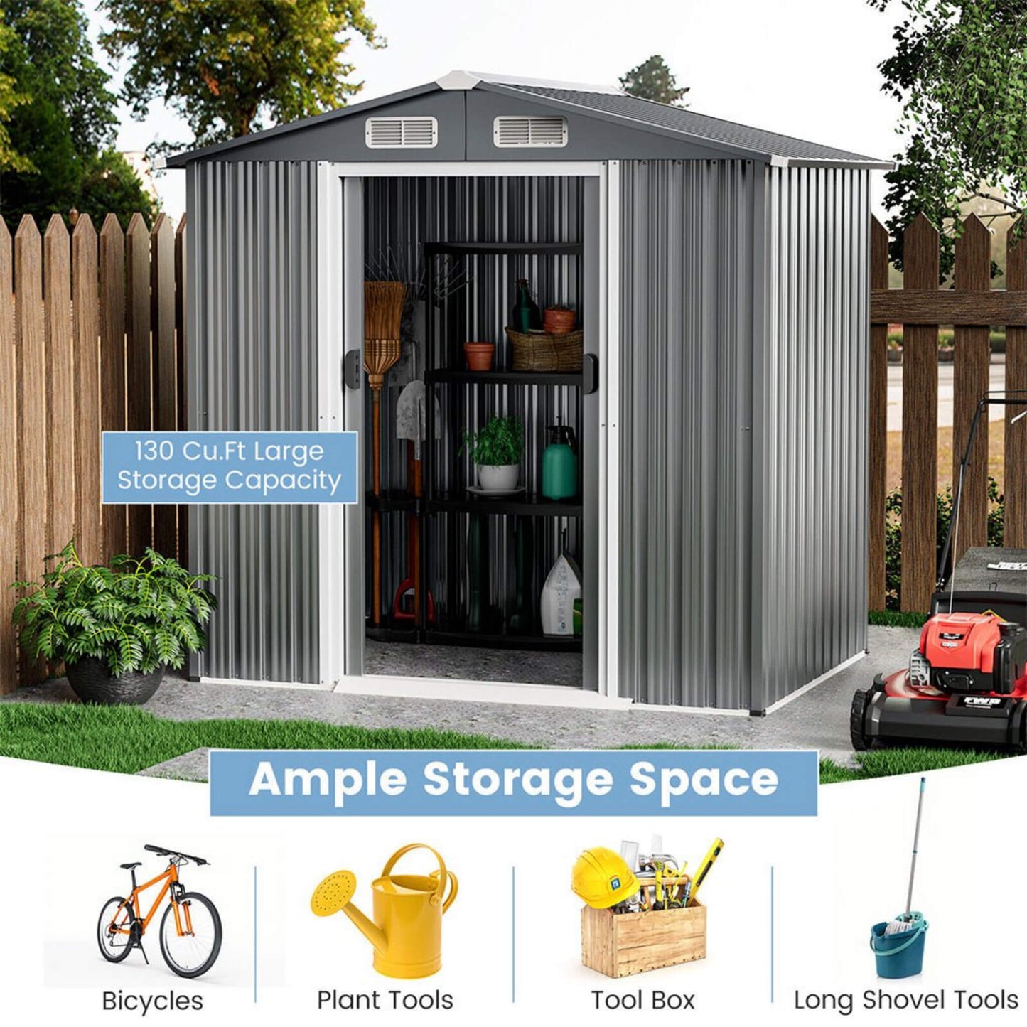 [04X06FT] Premium Garden Galvanized Steel Storage Shed W/ Lockable Sliding Doors (SAK75842)