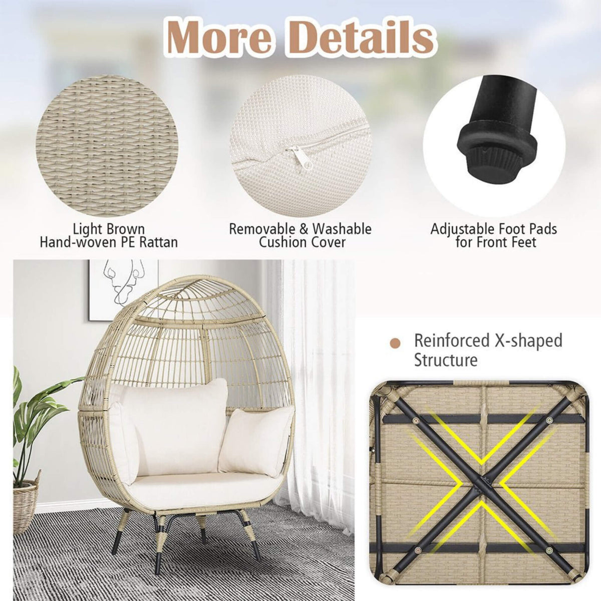 Premium 57-Inch Oversized Rattan Patio Egg Lounge Chair Basket With Cushions (SAK91684)