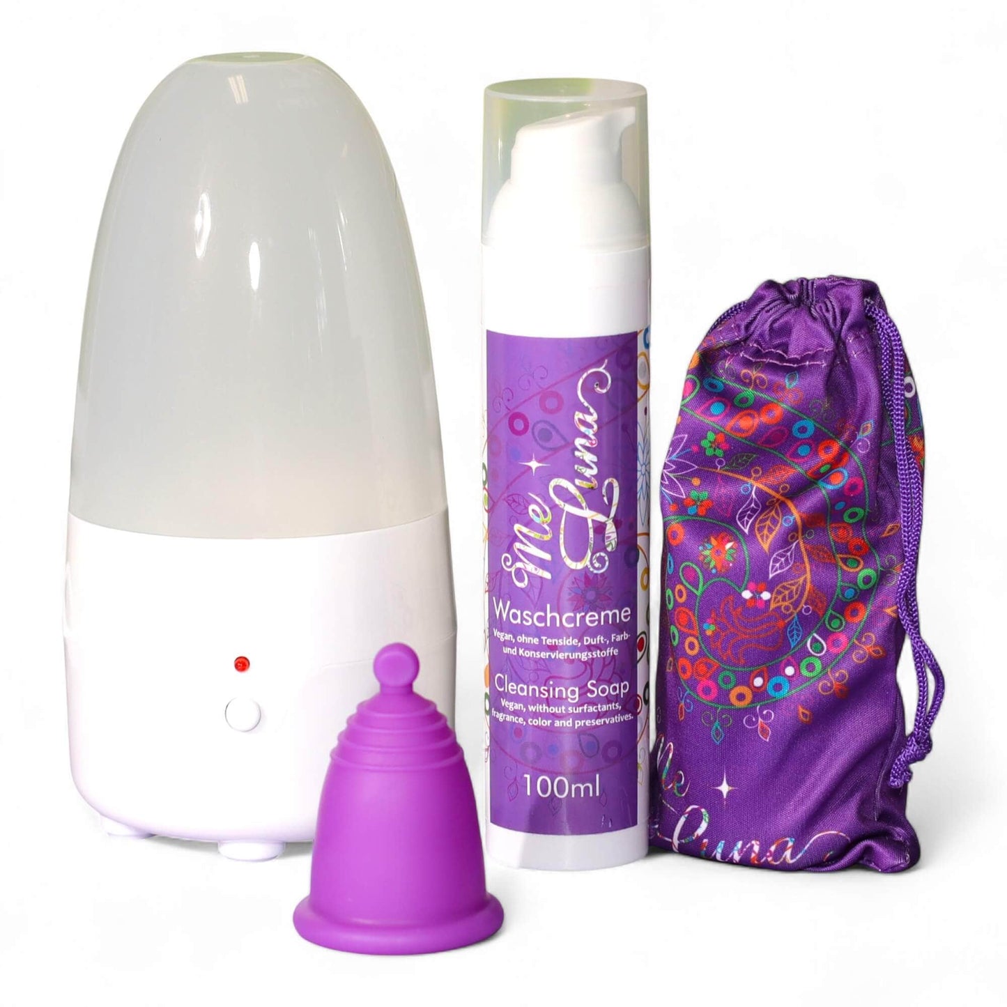 Menstrual Cup Beginner Kit with Steamer - PURPLE Cup - Ring, Ball or Stem